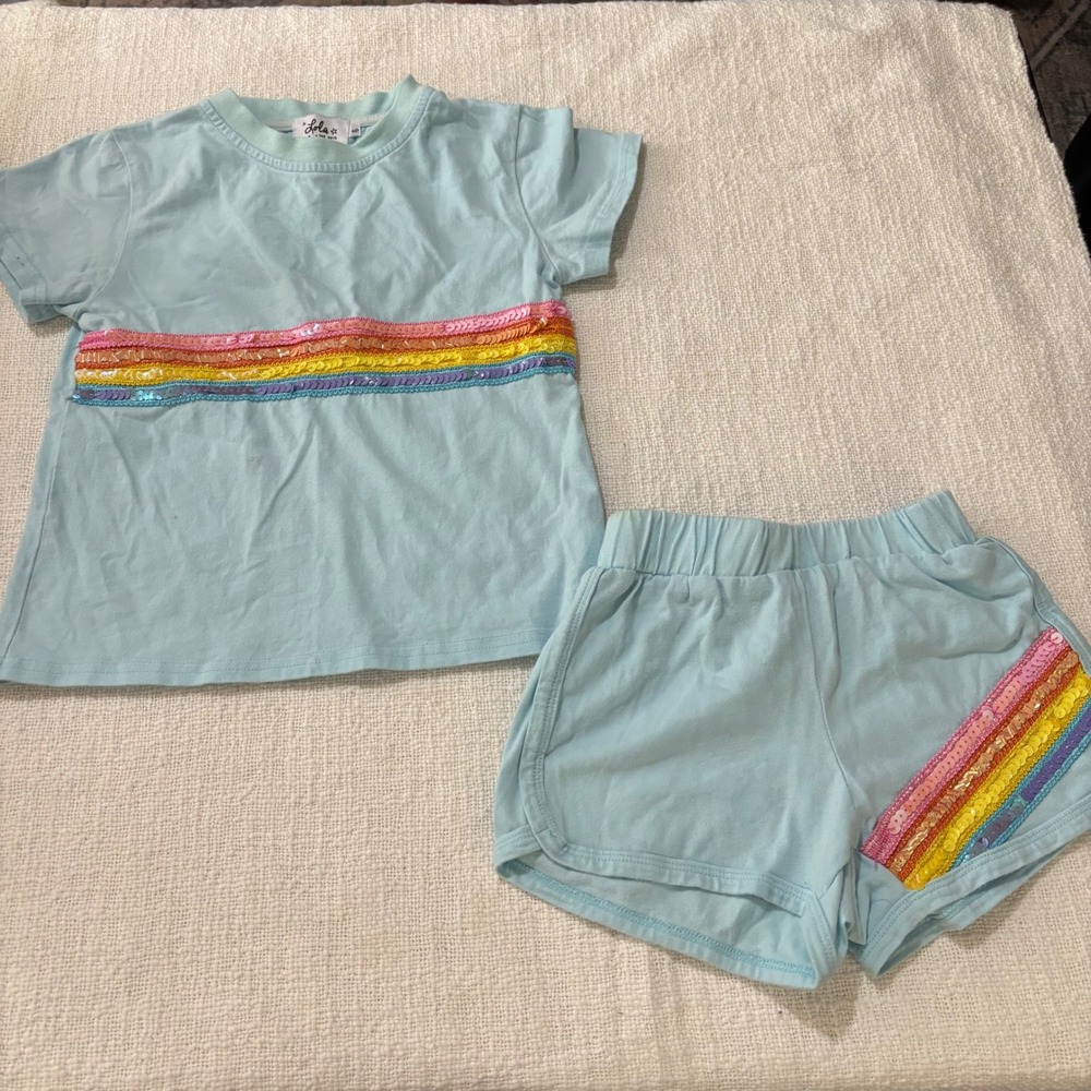 Lola + The Boys Kids Light Blue Sequin Rainbow Stripe Shirt and Shorts Set 6